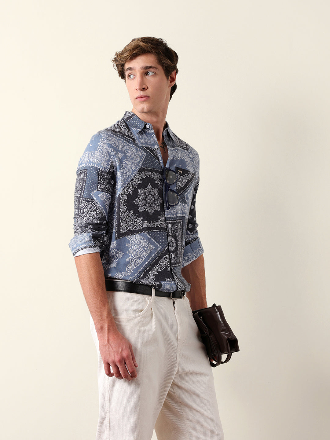 Blue Paisley Patchwork Printed Slim Fit Casual Shirt
