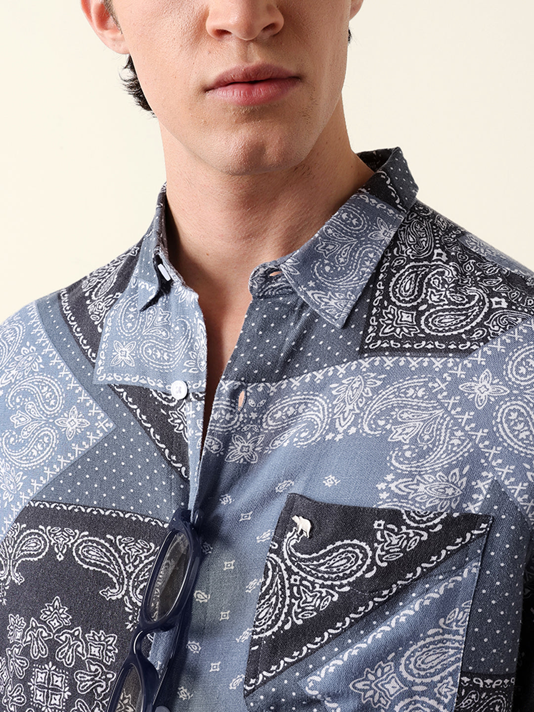 Blue Paisley Patchwork Printed Slim Fit Casual Shirt