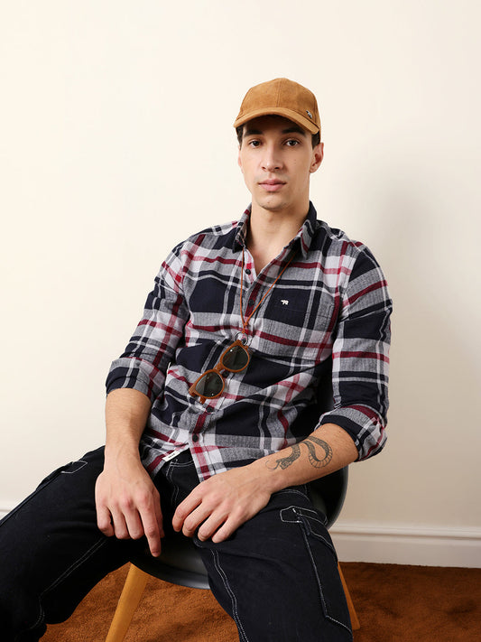 Navy Blue Herringbone Flannel Checked Regular Fit Casual Shirt