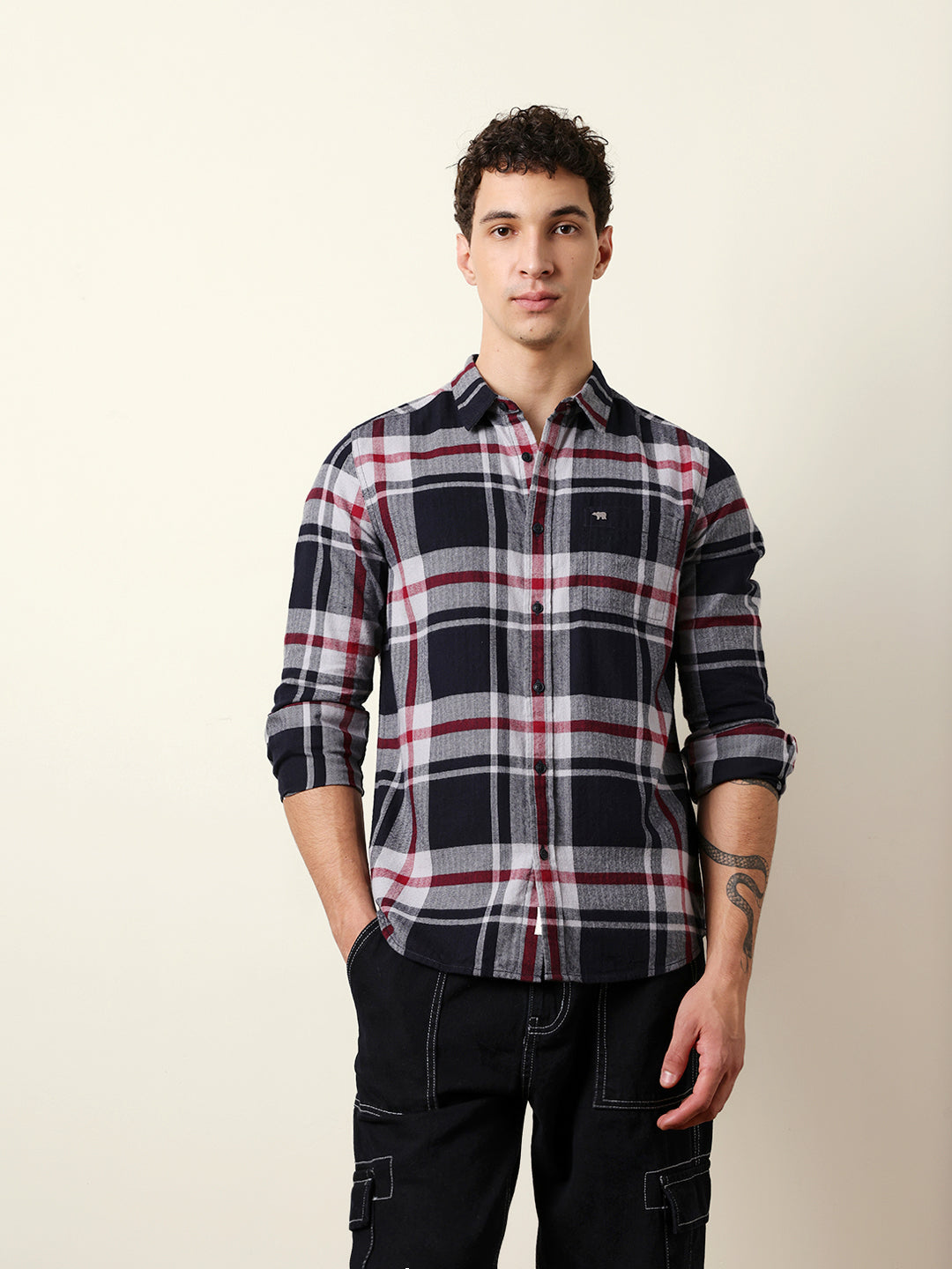 Navy Blue Herringbone Flannel Checked Regular Fit Casual Shirt