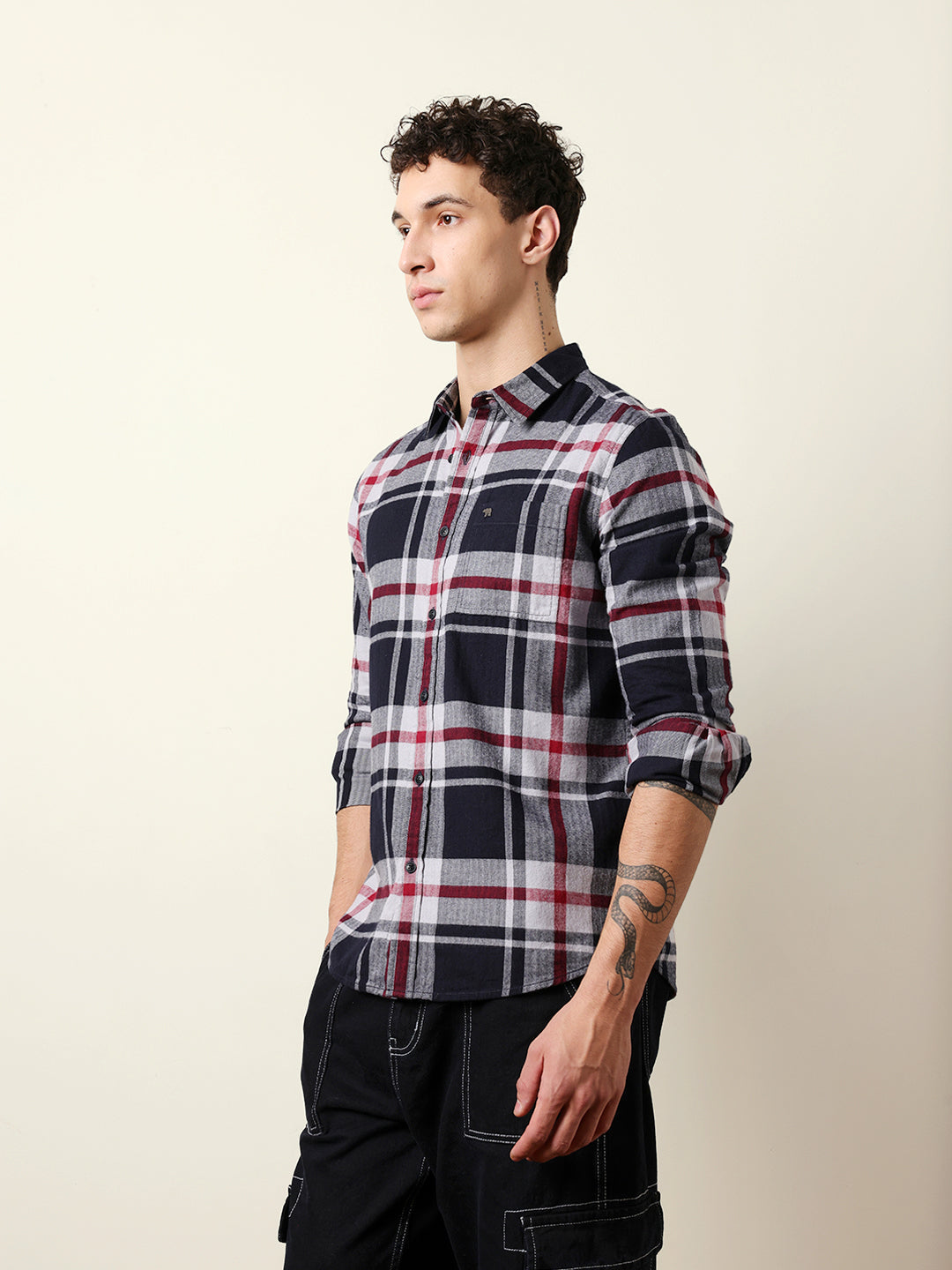 Navy Blue Herringbone Flannel Checked Regular Fit Casual Shirt