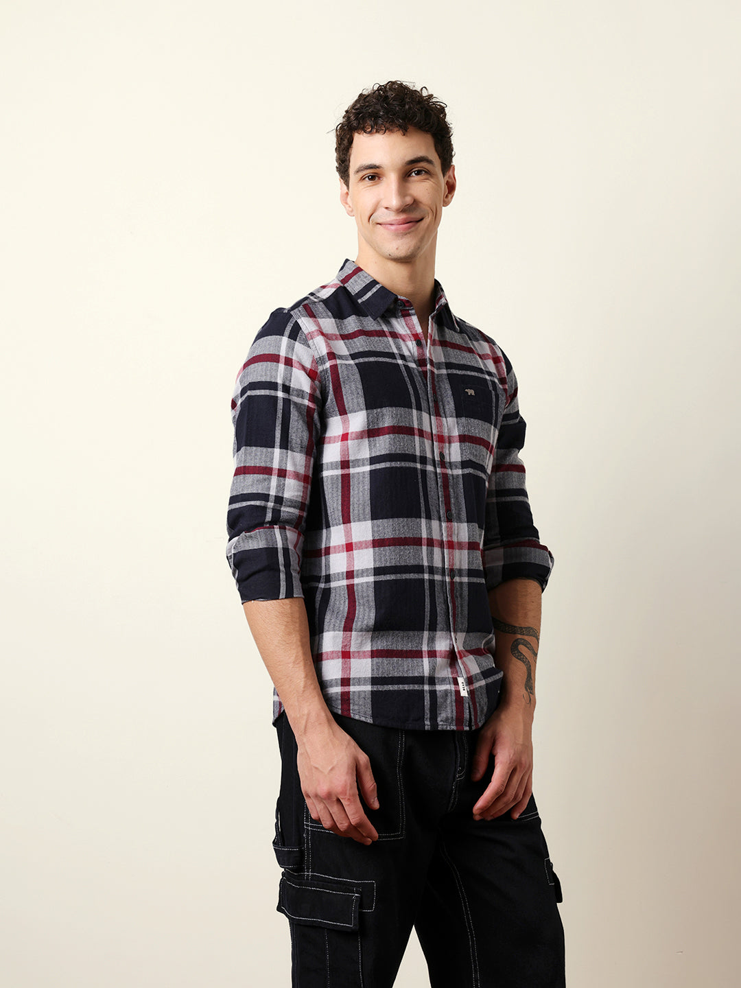 Navy Blue Herringbone Flannel Checked Regular Fit Casual Shirt