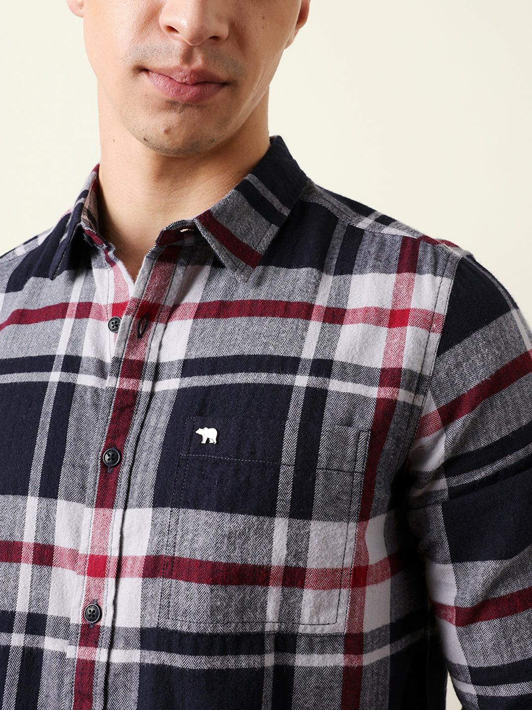 Navy Blue Herringbone Flannel Checked Regular Fit Casual Shirt