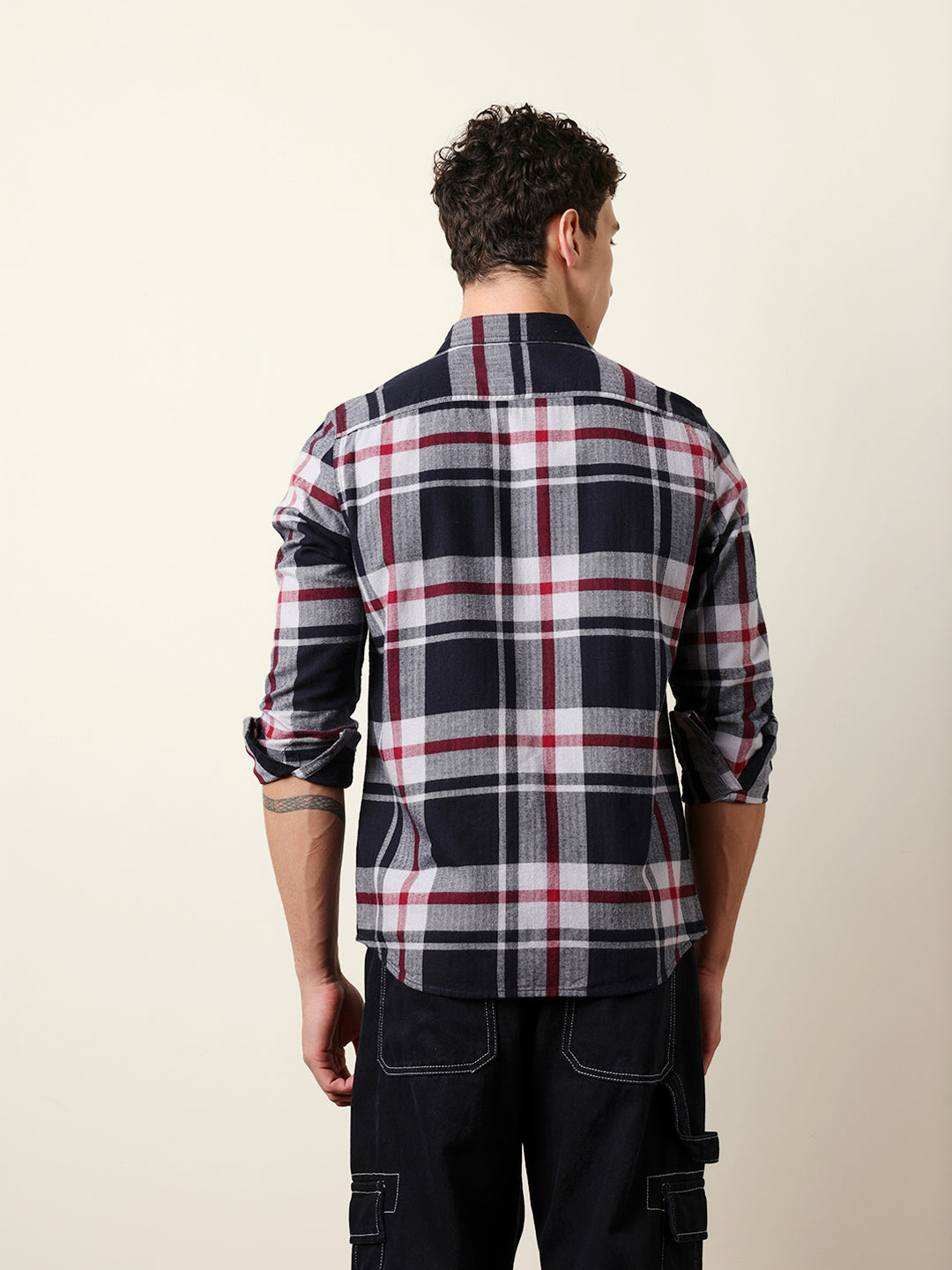 Navy Blue Herringbone Flannel Checked Regular Fit Casual Shirt