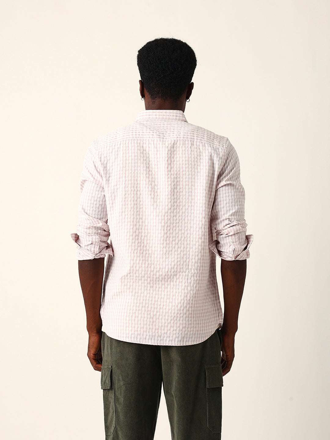 Light Pink Woven Micro-Checked Slim Fit Casual Shirt