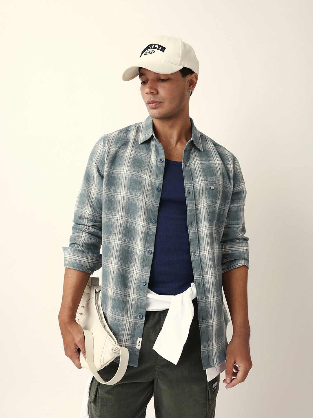 Teal Woven Checkered Slim Fit Casual Shirt