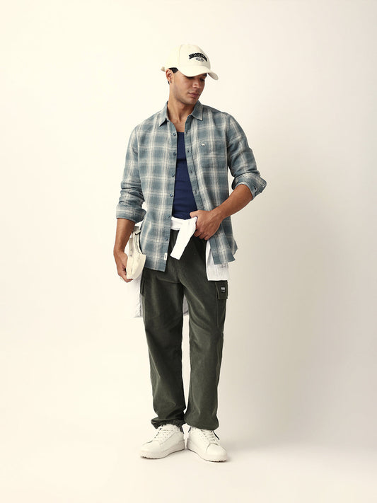 Teal Woven Checkered Slim Fit Casual Shirt