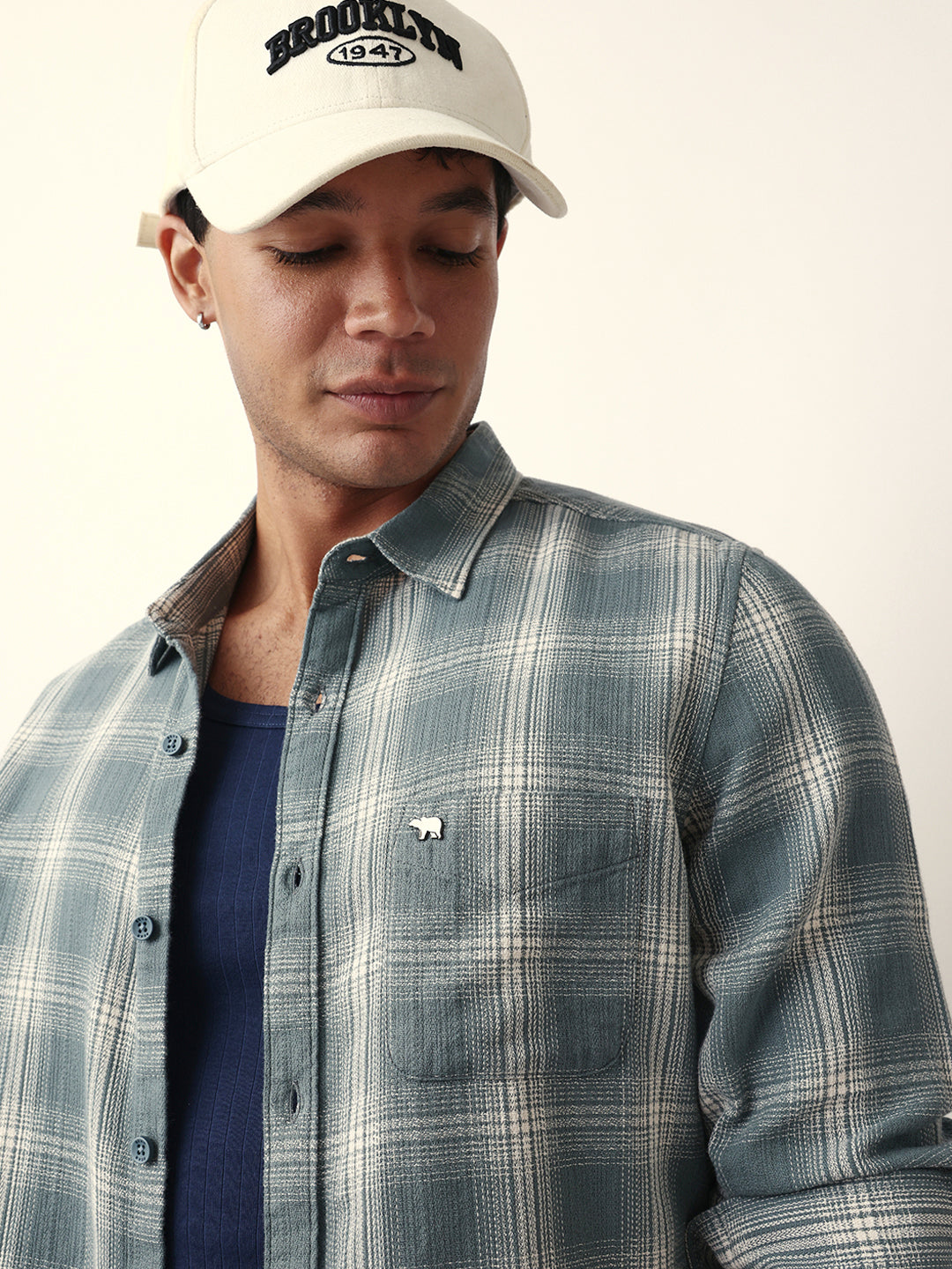 Teal Woven Checkered Slim Fit Casual Shirt