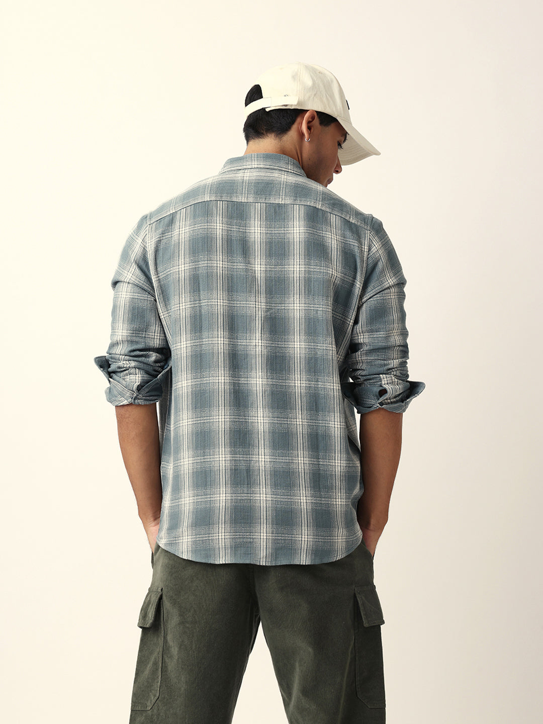Teal Woven Checkered Slim Fit Casual Shirt