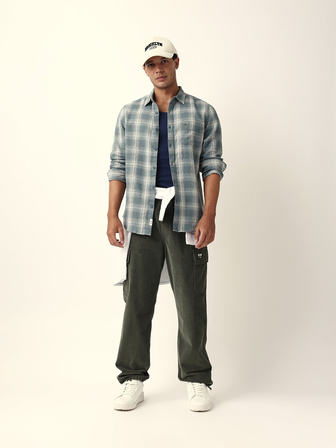 Teal Woven Checkered Slim Fit Casual Shirt