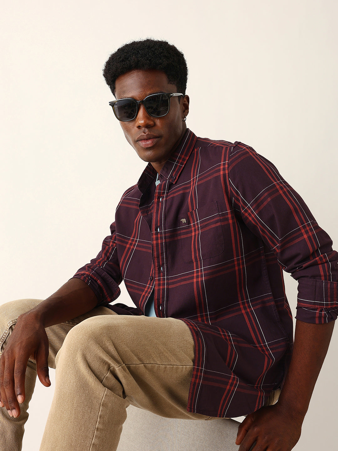Maroon Woven Check Slim Fit Casual Shirt