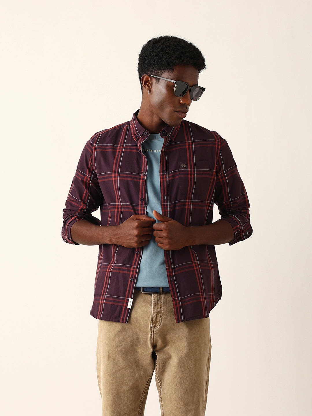 Maroon Woven Check Slim Fit Casual Shirt