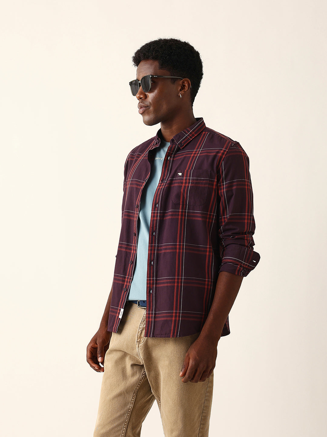 Maroon Woven Check Slim Fit Casual Shirt