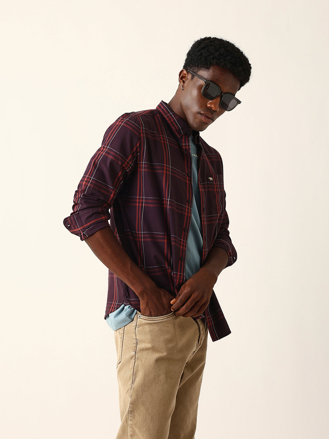 Maroon Woven Check Slim Fit Casual Shirt