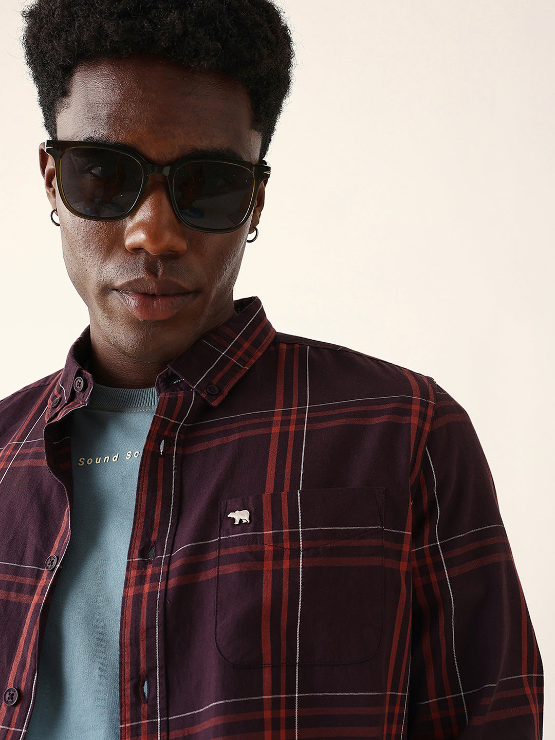 Maroon Woven Check Slim Fit Casual Shirt