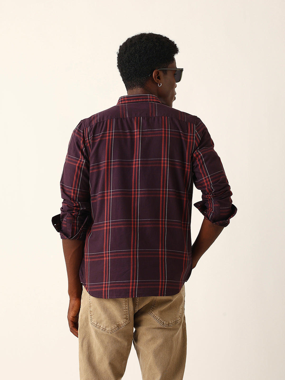 Maroon Woven Check Slim Fit Casual Shirt