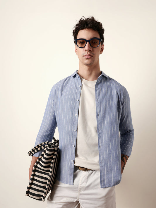 Blue Vertical Woven Stripe Slim Fit Casual Shirt