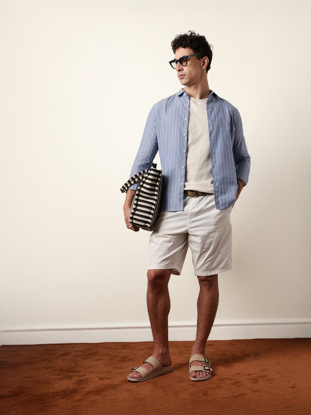 Blue Vertical Woven Stripe Slim Fit Casual Shirt