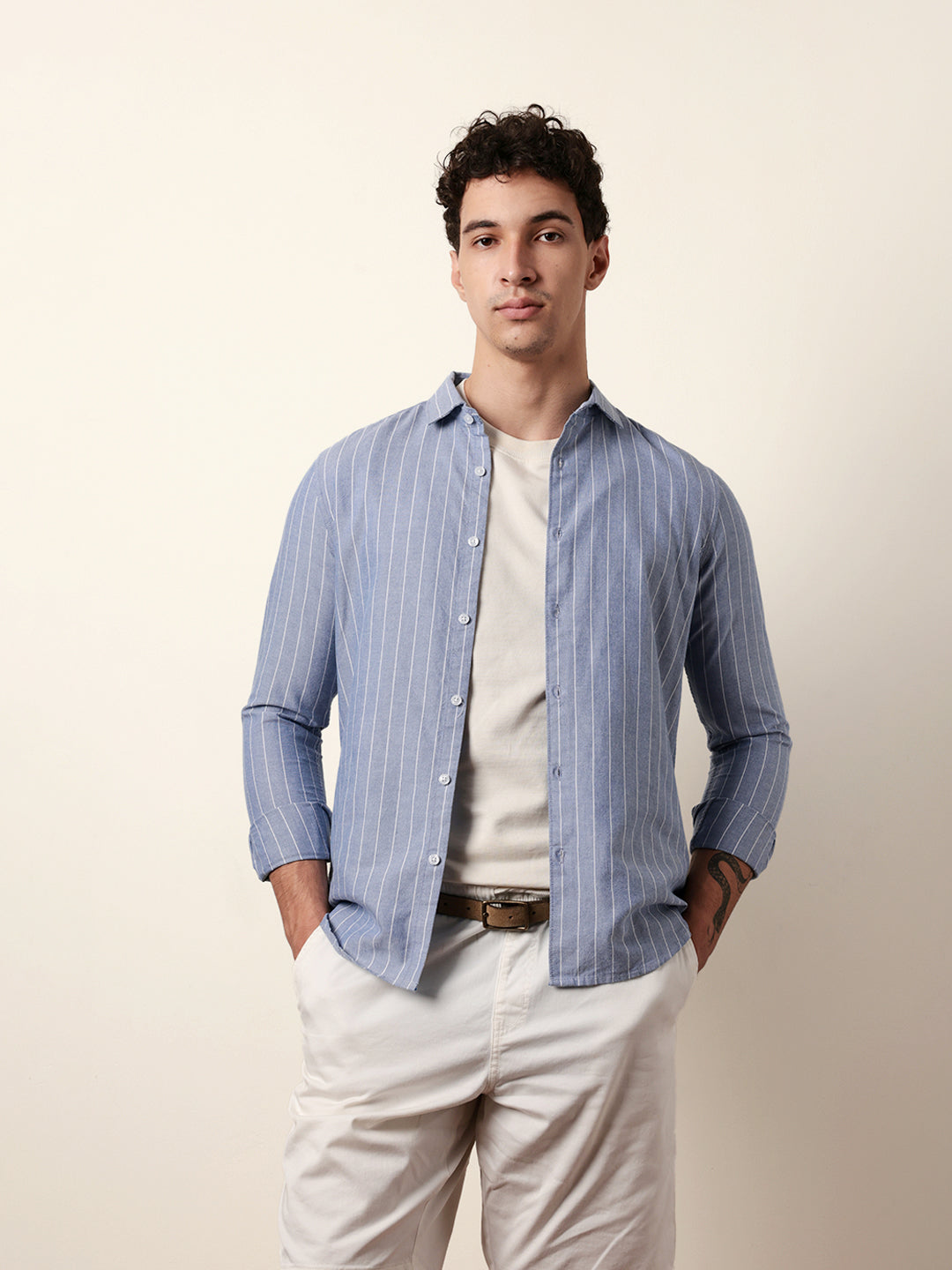 Blue Vertical Woven Stripe Slim Fit Casual Shirt