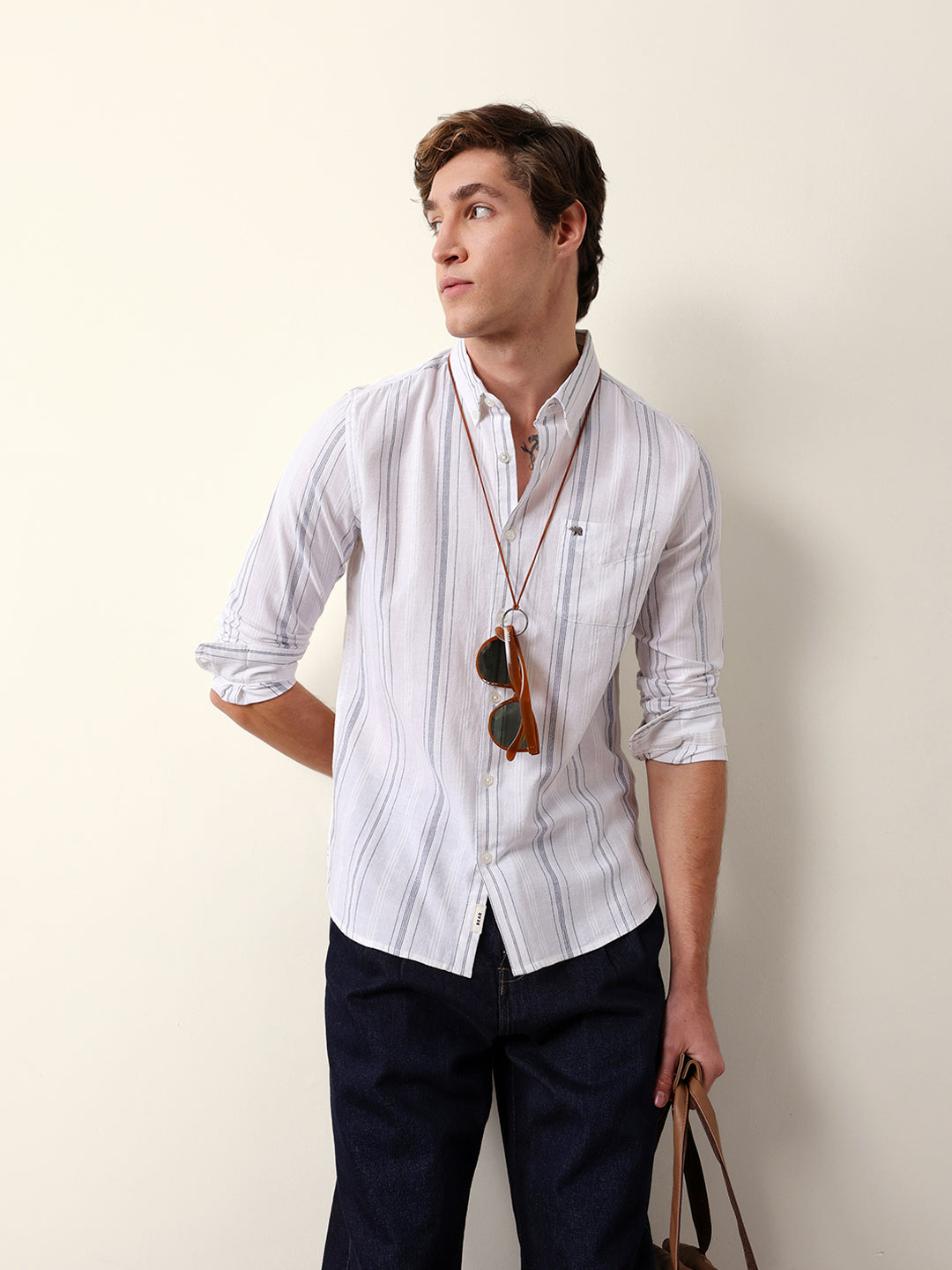 White Woven Vertical Stripes Slim Fit Casual Shirt