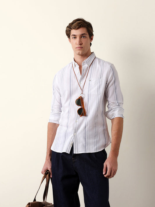 White Woven Vertical Stripes Slim Fit Casual Shirt