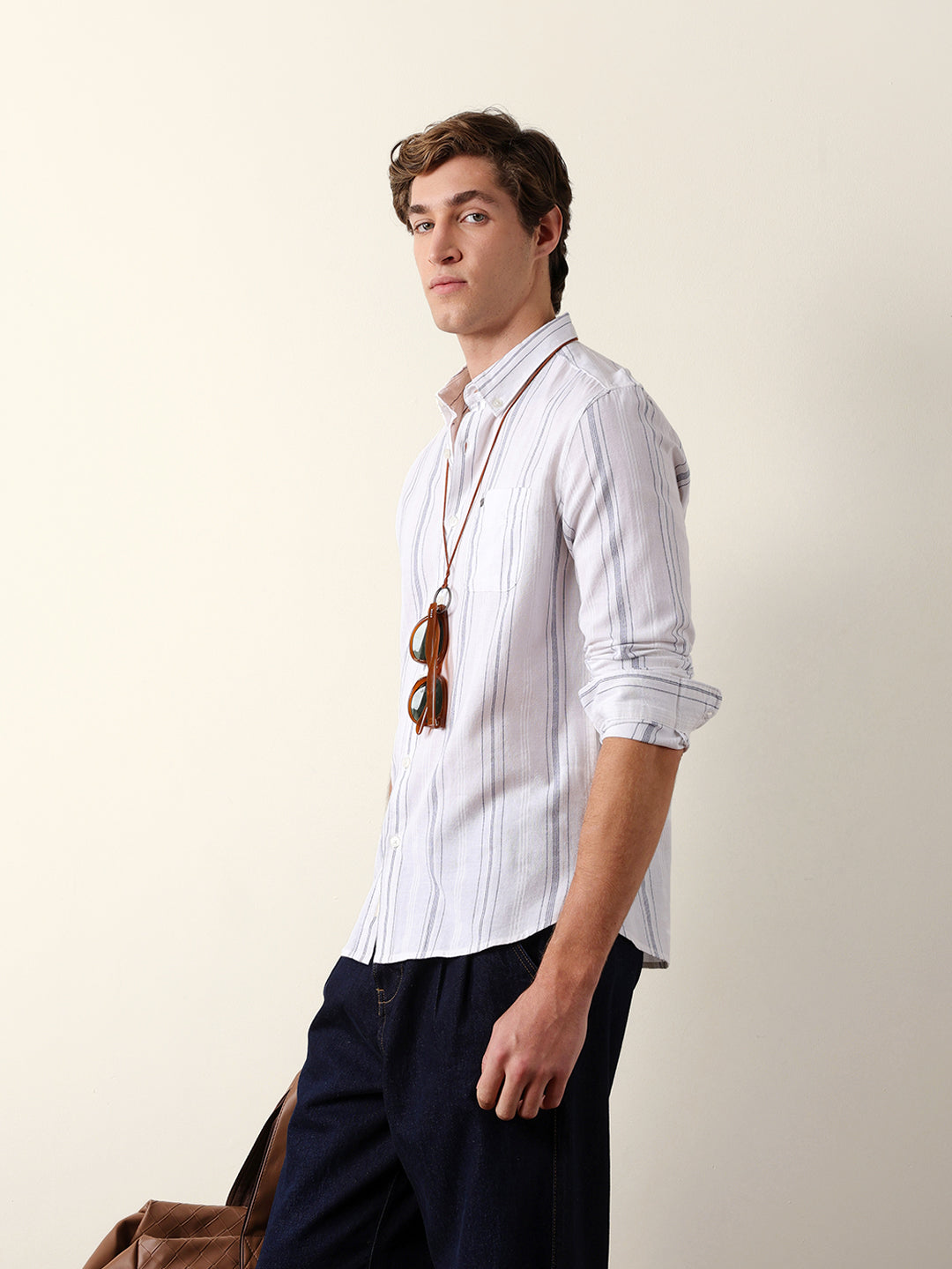 White Woven Vertical Stripes Slim Fit Casual Shirt