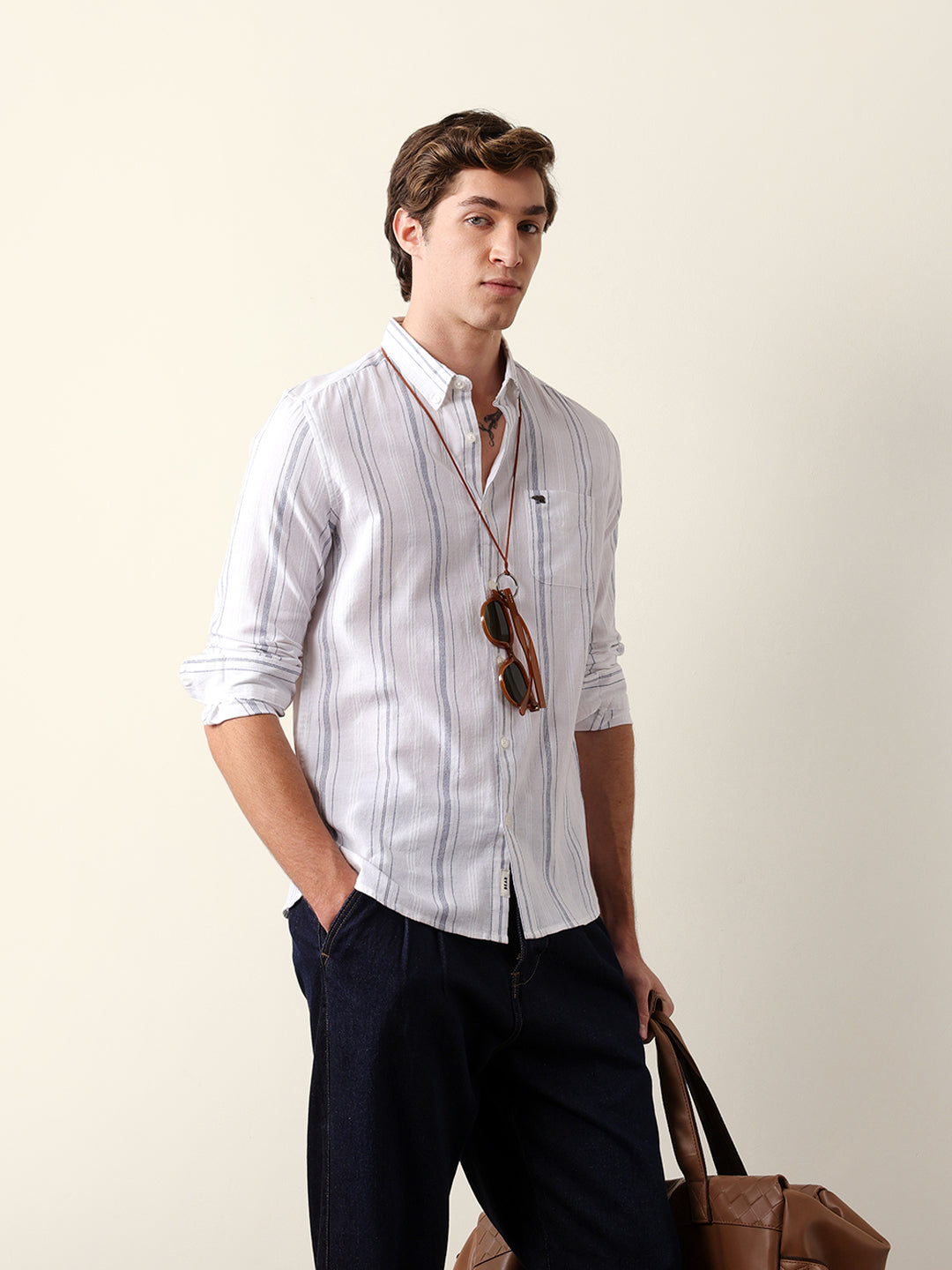 White Woven Vertical Stripes Slim Fit Casual Shirt