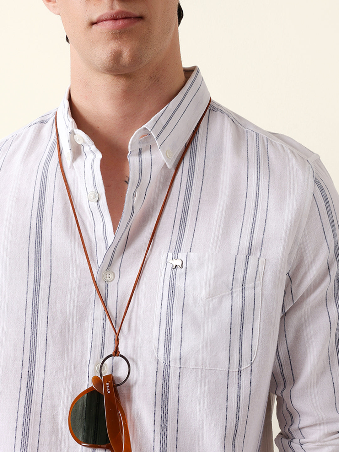 White Woven Vertical Stripes Slim Fit Casual Shirt