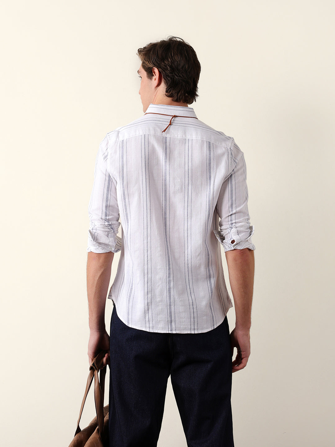 White Woven Vertical Stripes Slim Fit Casual Shirt