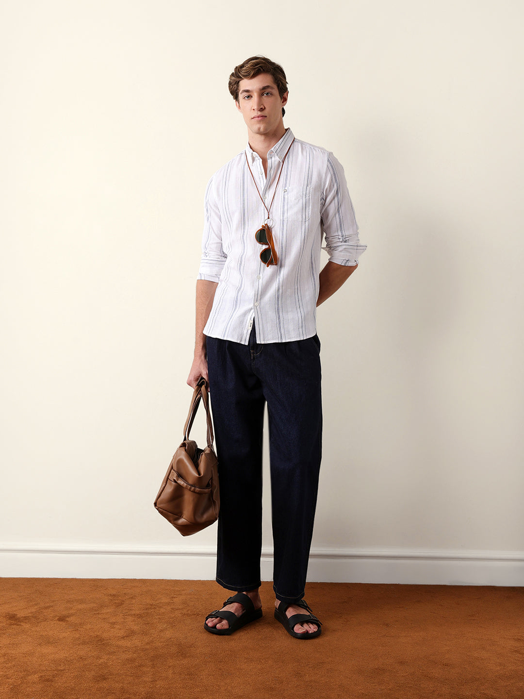 White Woven Vertical Stripes Slim Fit Casual Shirt