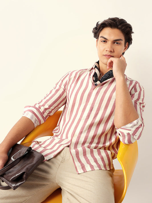 Pink & Cream Vertical Stripe Regular Fit Casual Shirt