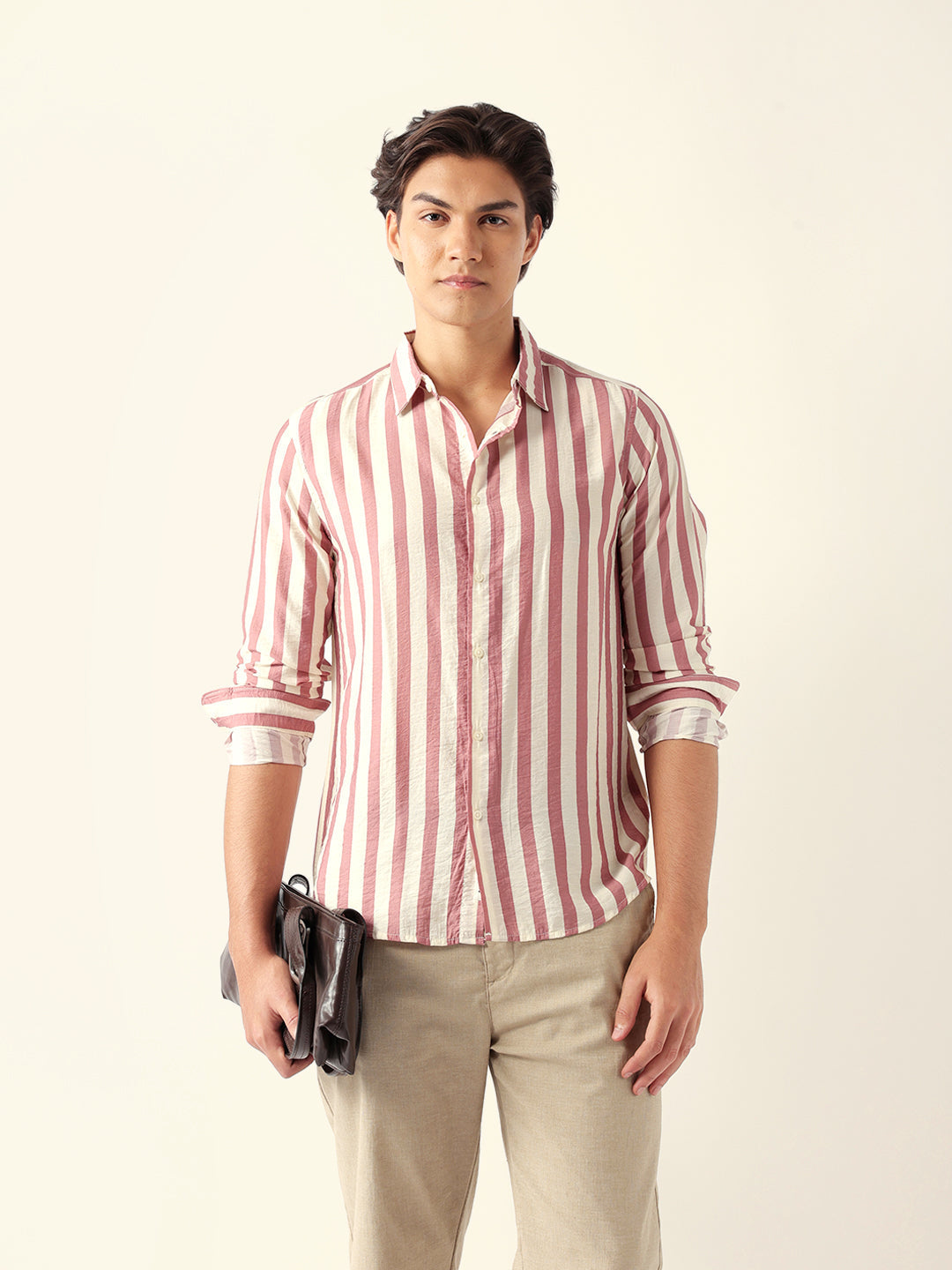 Pink & Cream Vertical Stripe Regular Fit Casual Shirt
