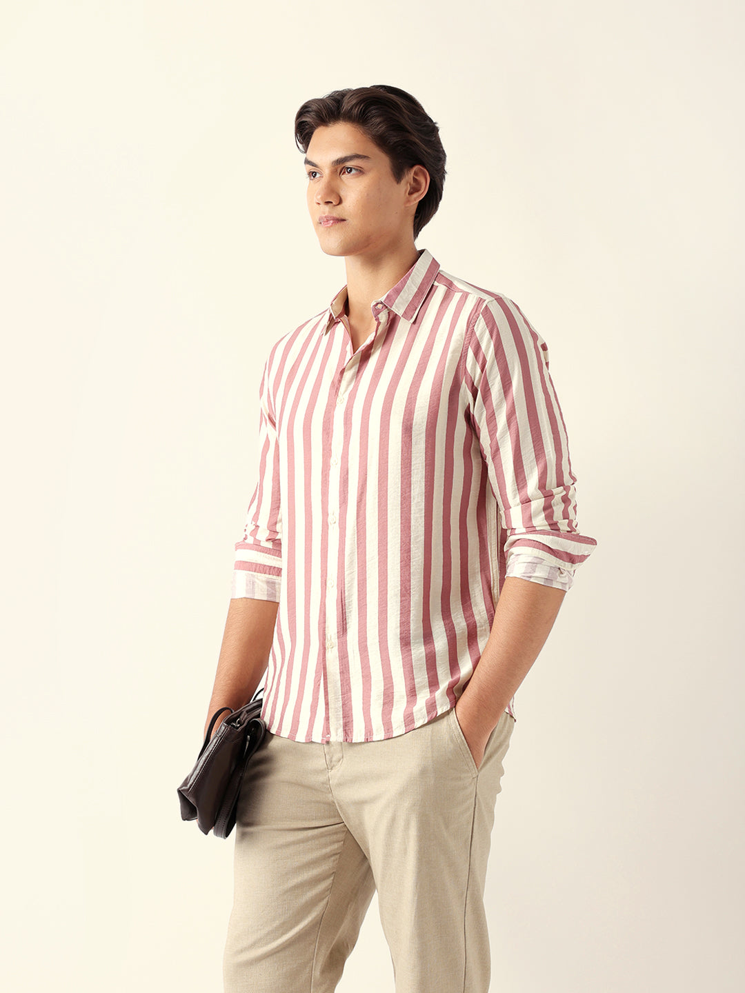 Pink & Cream Vertical Stripe Regular Fit Casual Shirt