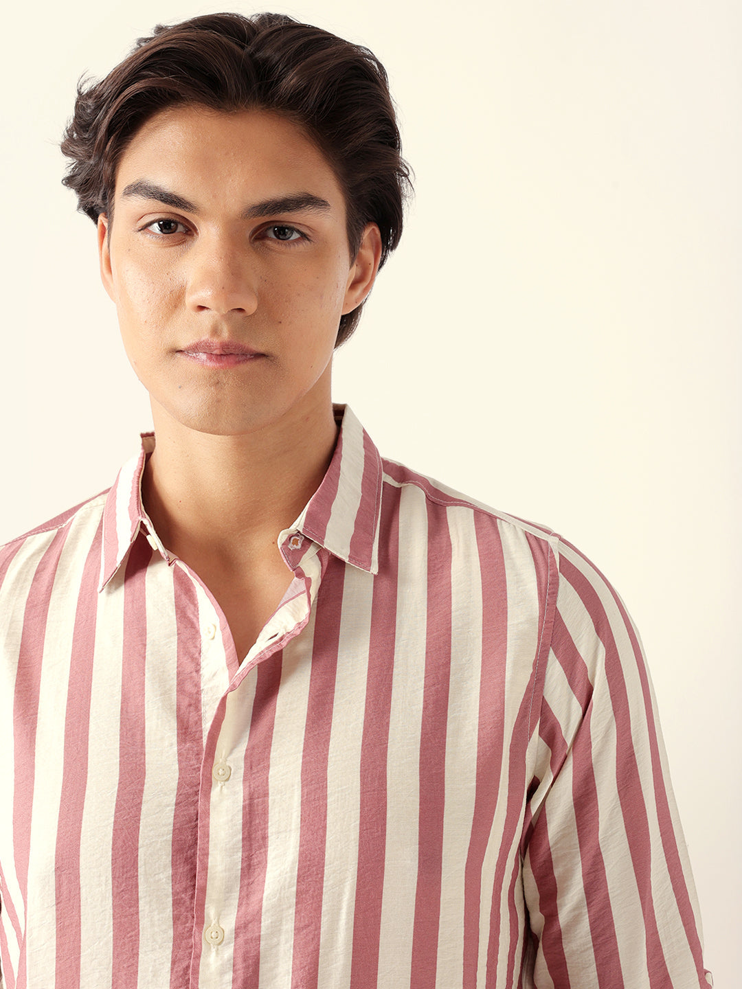 Pink & Cream Vertical Stripe Regular Fit Casual Shirt
