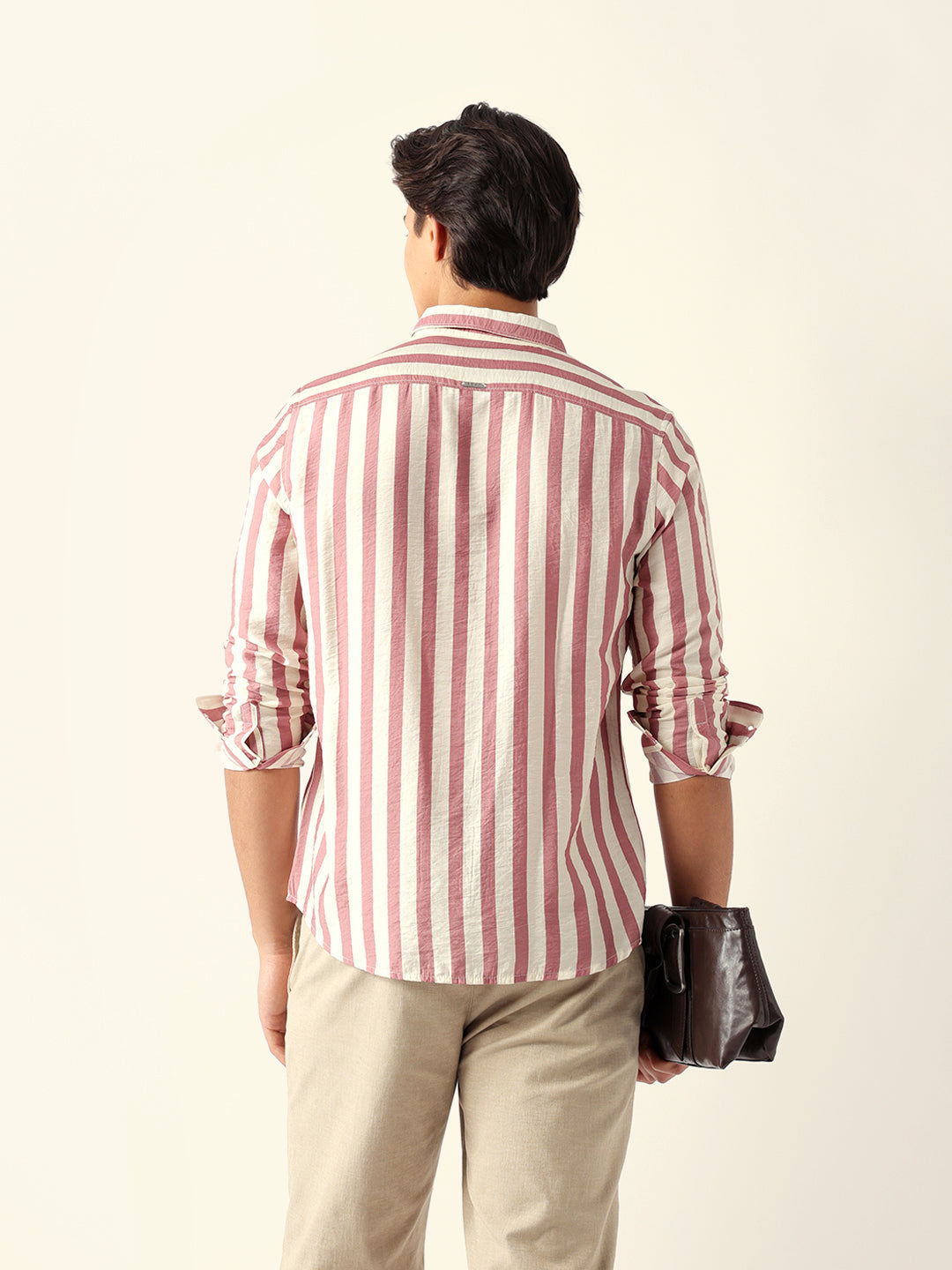 Pink & Cream Vertical Stripe Regular Fit Casual Shirt