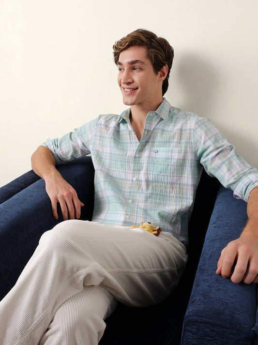 Multicolor Slim Fit Checkered Casual Shirt with Crinkle Texture