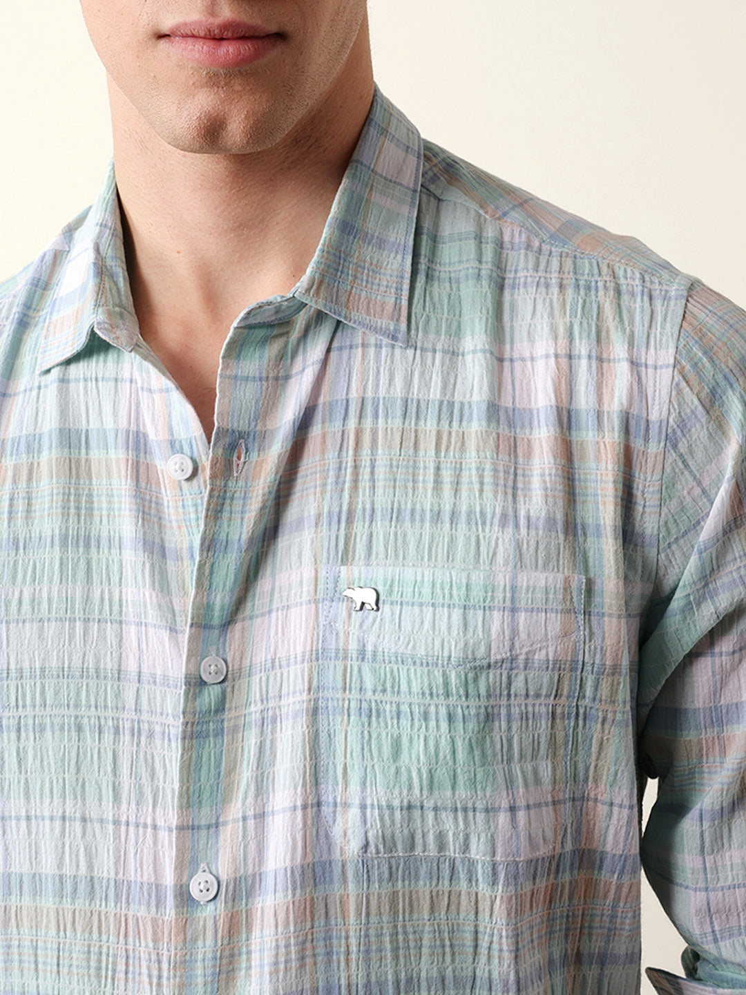 Multicolor Slim Fit Checkered Casual Shirt with Crinkle Texture