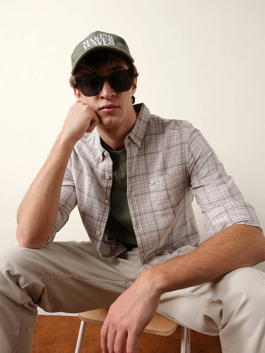 Beige Woven Micro-Checked Slim Fit Casual Shirt