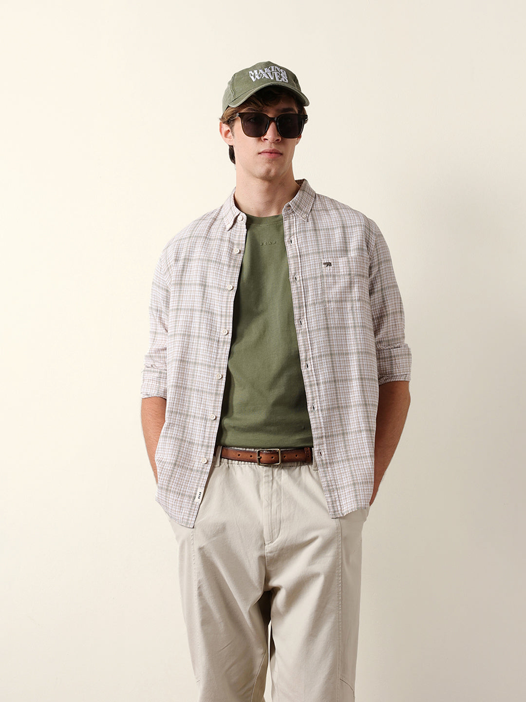 Beige Woven Micro-Checked Slim Fit Casual Shirt