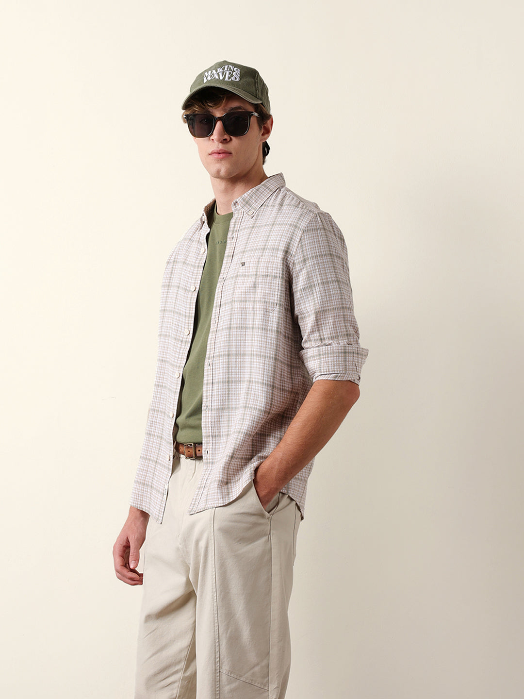 Beige Woven Micro-Checked Slim Fit Casual Shirt