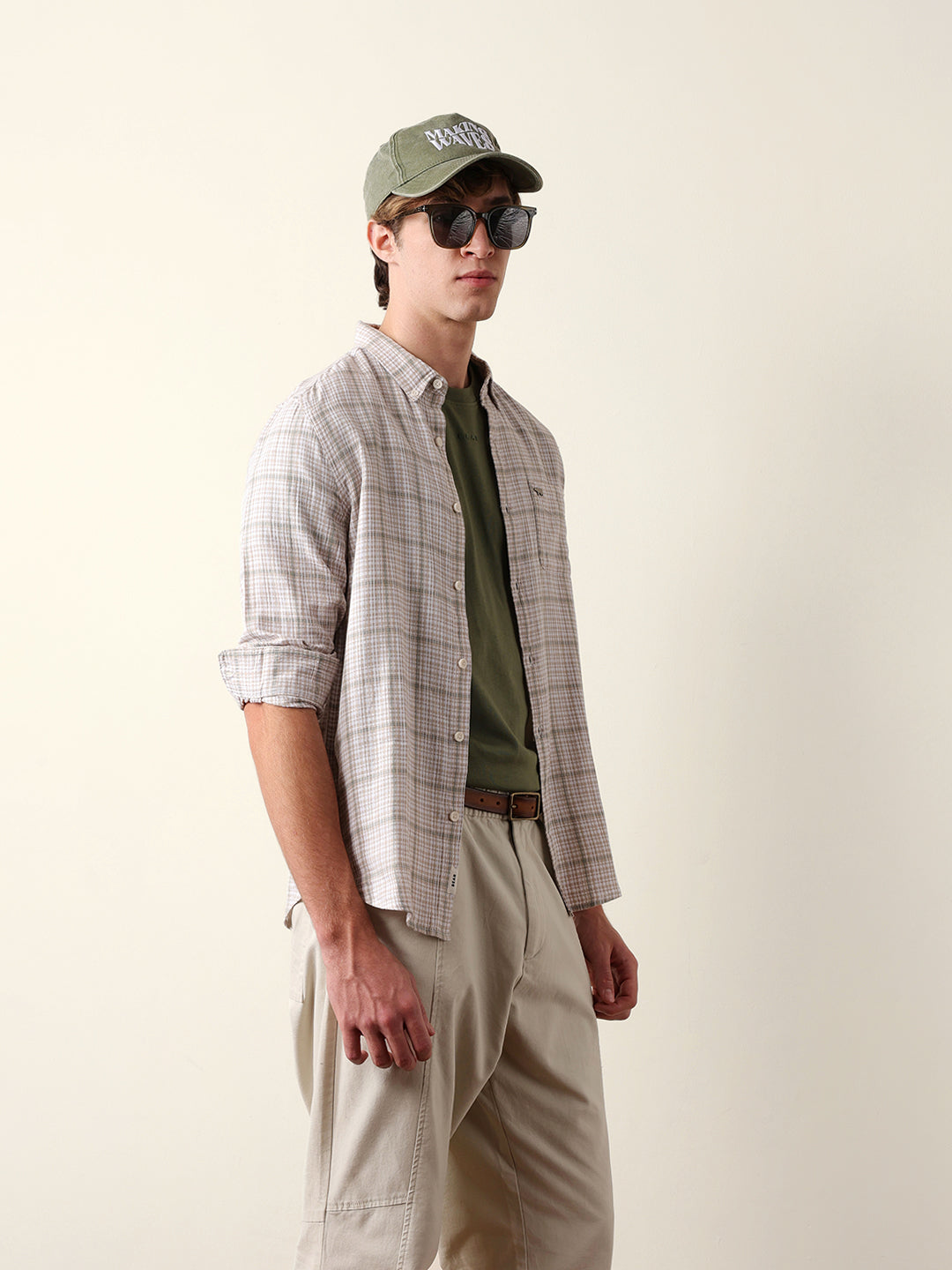 Beige Woven Micro-Checked Slim Fit Casual Shirt