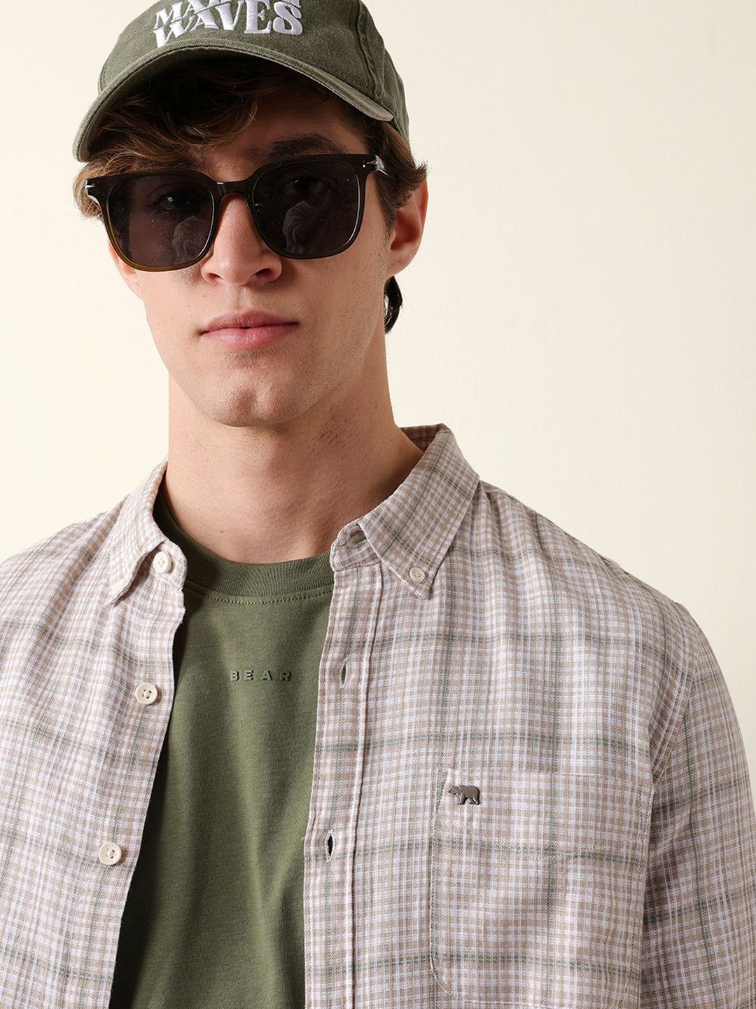 Beige Woven Micro-Checked Slim Fit Casual Shirt