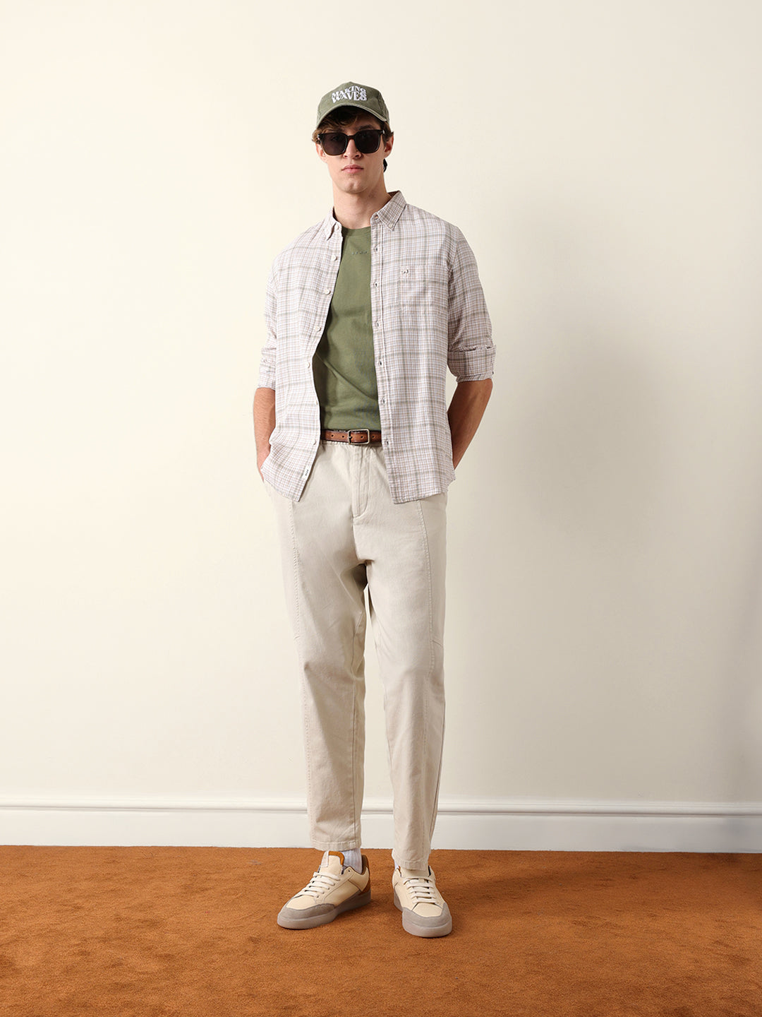 Beige Woven Micro-Checked Slim Fit Casual Shirt