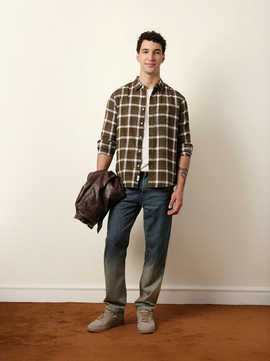Olive Regular Fit Woven Check Flannel Casual Shirt