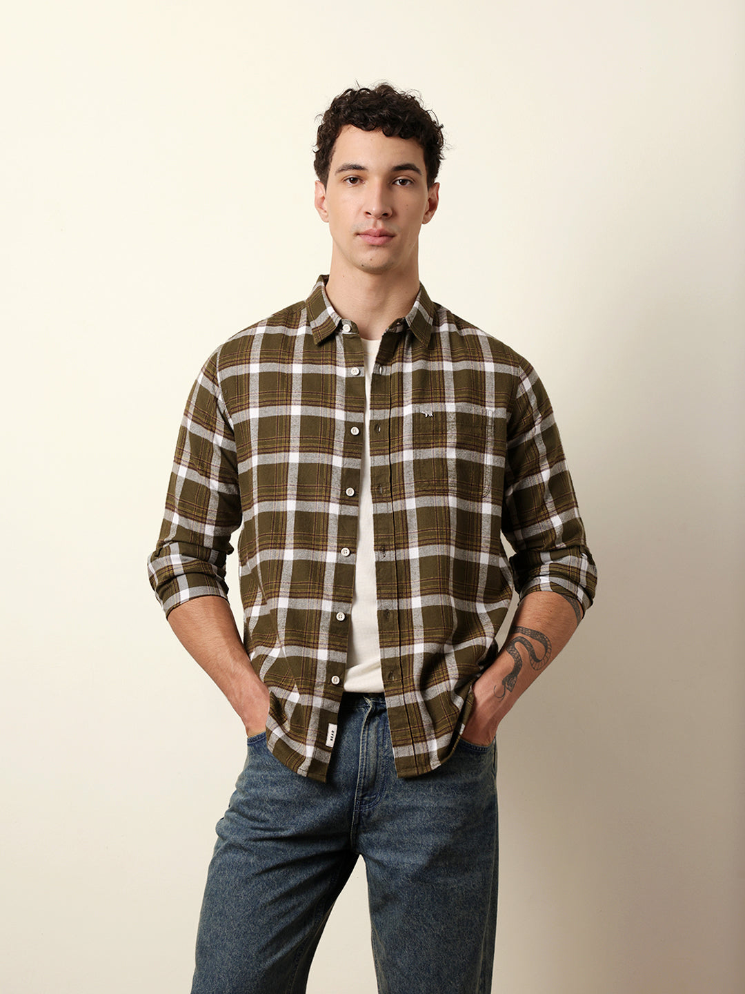 Olive Regular Fit Woven Check Flannel Casual Shirt