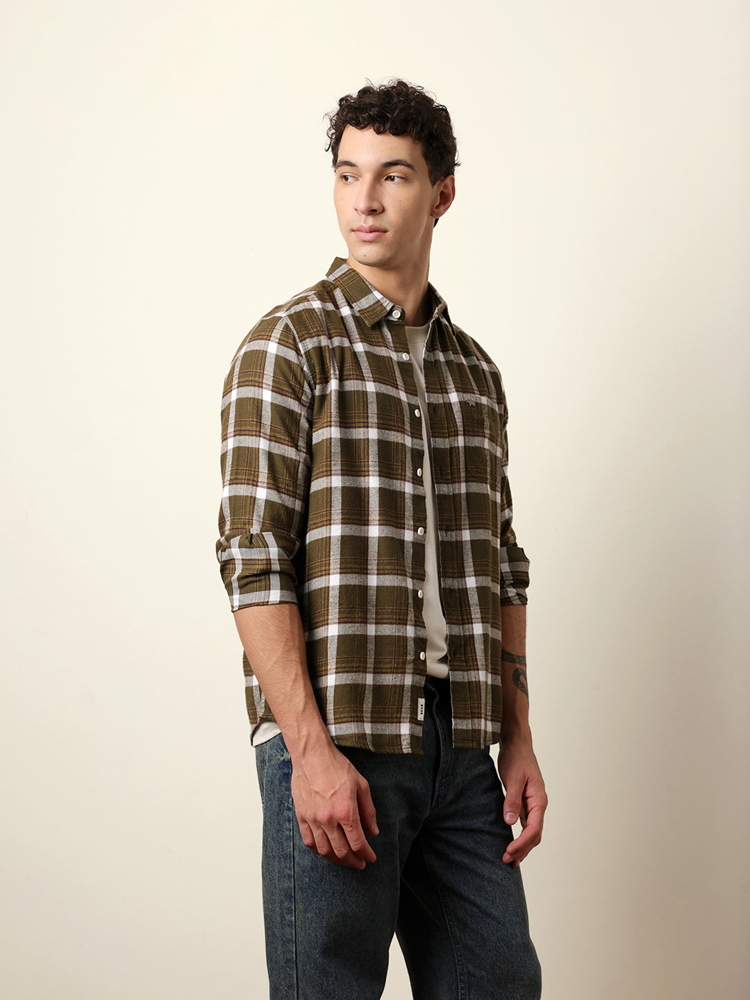 Olive Regular Fit Woven Check Flannel Casual Shirt