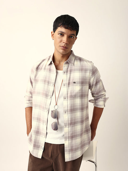 Pink with Cream Woven Checkered Slim Fit Casual Shirt