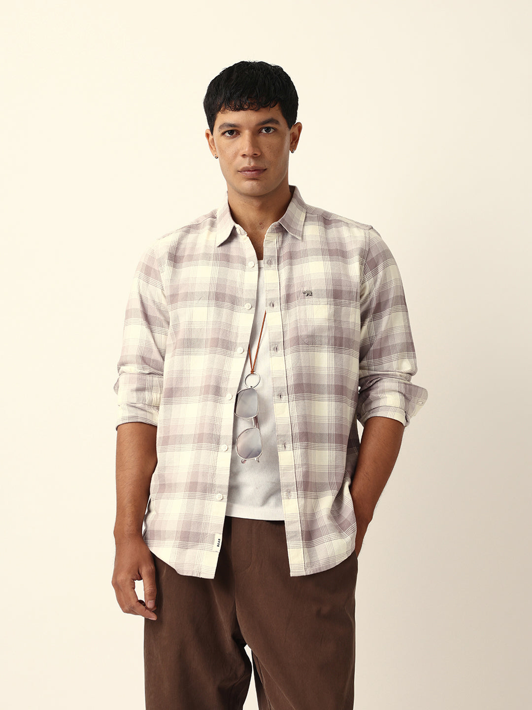 Pink with Cream Woven Checkered Slim Fit Casual Shirt