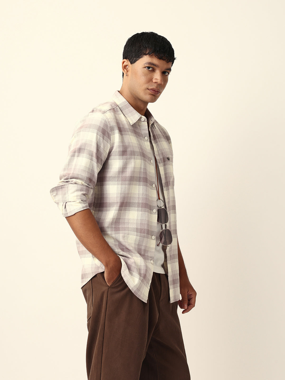 Pink with Cream Woven Checkered Slim Fit Casual Shirt
