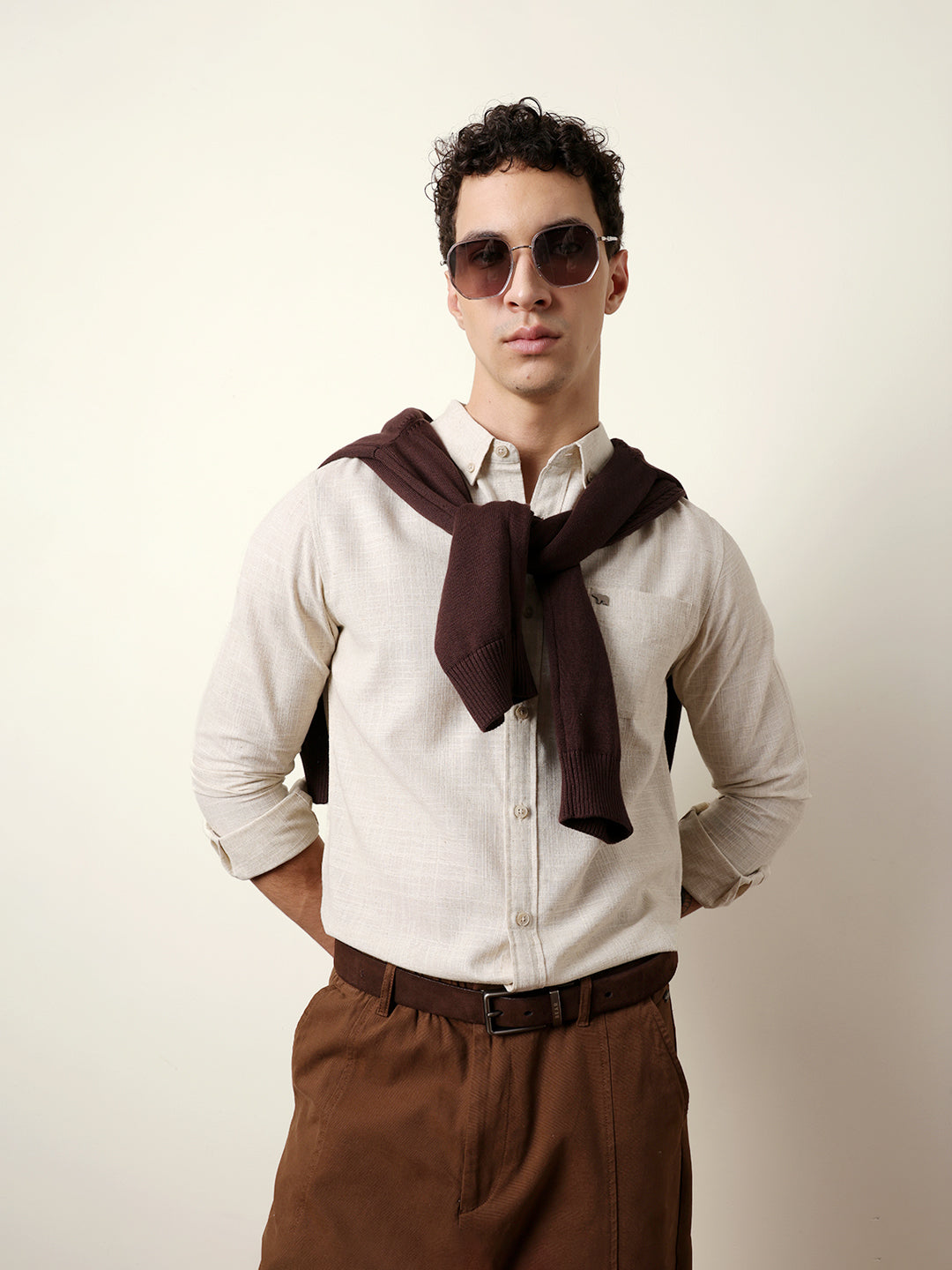Light Cream Slub-Textured Woven Slim Fit Casual Shirt